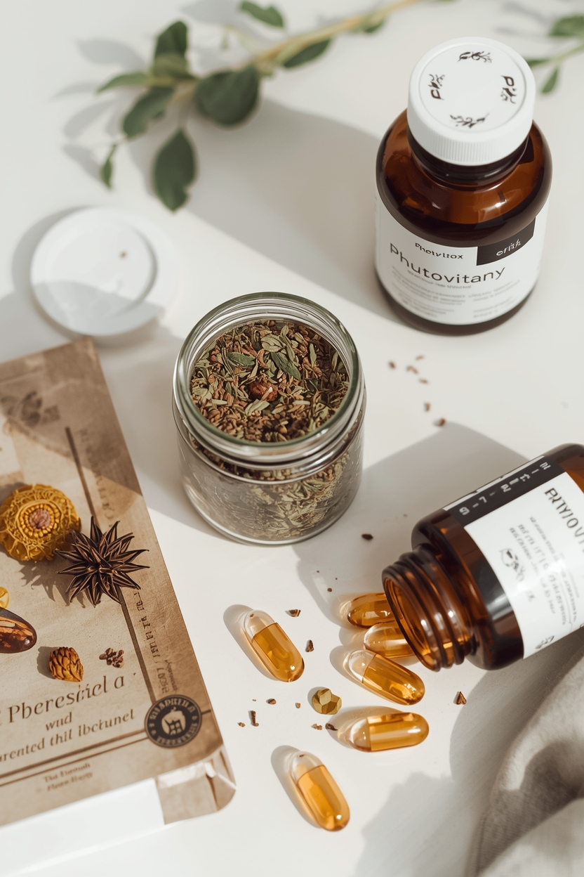 Glass jar with dried herbs and botanical ingredients on a neutral surface